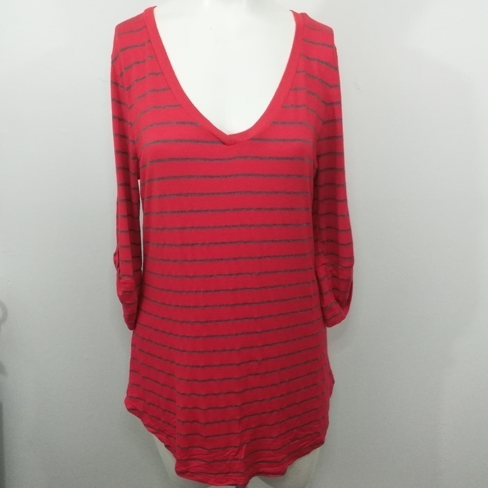 Pleione Striped Top Size M V Neck Stretch Casual